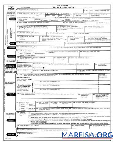 Blank USA General Register certificate of death example